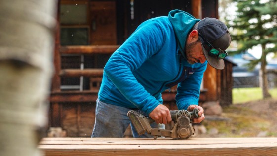 cordless-restorer-sanding-picnic-table-remote-camping-lodge-cabin